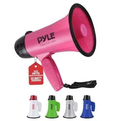 Immagine di Pyle Pro Megafono con Sirena, Compatto e a Batteria, 20 Watt, Microfono, 2 Modalità, Suono PA, Portatile Manico Pieghevole, Rosa