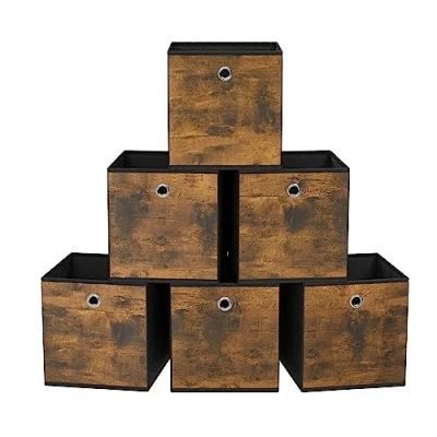 Immagine di SONGMICS Scatole Portaoggetti, Set di 6 Contenitori con Manico, in Tessuto Oxford e Non Tessuto, 33 x cm, per Scaffali a Cubo, Pieghevoli, Marrone Vintage Nero RFB133B01