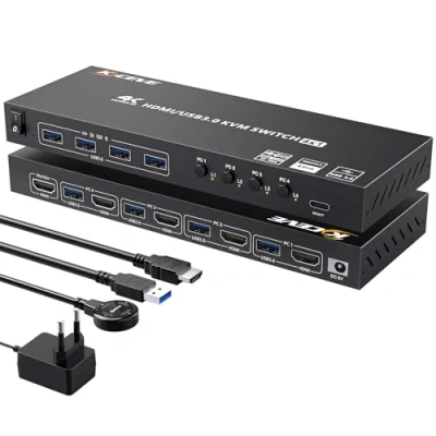 Immagine di HDMI KVM Switch 4 PC 1 Monitor 4K @60Hz, EDID Emulator, USB 3.0 Porte Parti Tastiera Mouse Monitor, con Wired Remote e HDMI+USB3.0 Cavi