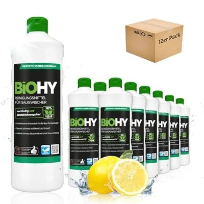 Immagine di BiOHY Detergente per scopa aspirante (12 bottiglie da 1l) Concentrato 1:200 aspiraliquidi ideale piastrelle, PVC, parquet e moquette ecologico (Saugwischer)