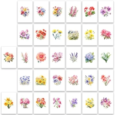 Immagine di 32 biglietti di auguri bianchi a tema britannico ad acquerello (fiori britannici)