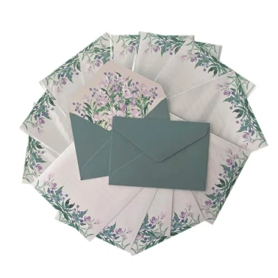 Immagine di CZAKOMIX Set Di Carta Da Lettere 36 Pezzi (24 + 12 Buste),Carta E Buste,Carta Floreale,Carta Con Busta Per Inviti,Regali Vacanza(Fiore Viola Malan)