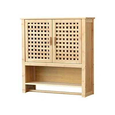 Immagine di Armadietto Pensile da Bagno (AxLxP) 66 x 62 20 cm Mobile a Muro con Barra Portaasciugamano, Scomparti e Sportelli Rete Struttura in bambù