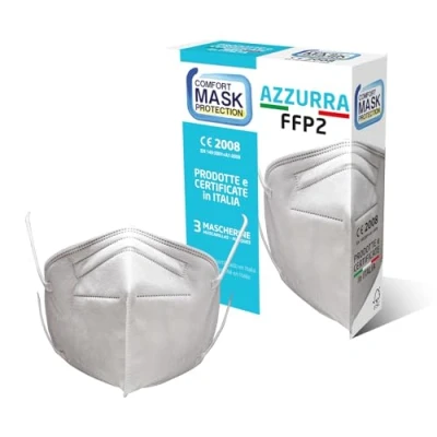 Immagine di Comfort Mask Azzurra 3 Mascherine FFP2 Bianche Prodotte e Certificate in Italia CE2008, Anallergiche con elastici morbidi resistenti