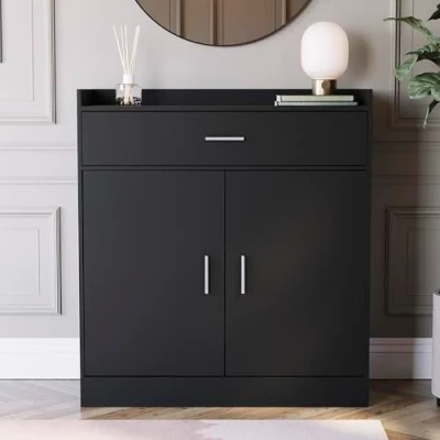 Immagine di Vida Designs Dalby Scarpiera Moderna con 2 Ante e 1 Cassetto, per Corridoio, Porta Scarpe, Credenza in Legno, Colore: Nero, Door Drawer, ingegnerizzato, H 90 x L 83 P 34 cm Circa