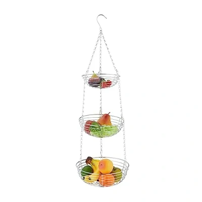Immagine di Relaxdays Portafrutta da Appendere, 3 Cesti per Frutta e Verdura, HxD 82x26,5 cm, Cestini Design Aperto Acciaio, Argento, Ferro, 82 x 26.5 cm