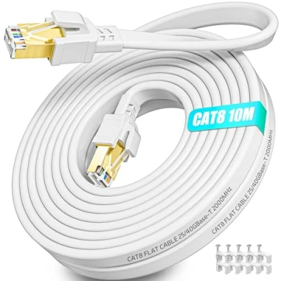 Immagine di Soibke Cavo Ethernet 10 Metri, Cat 8 Lan 10m Schermato, di Rete Alta Velocità Fibra Bianco 40Gbps 2000MHz, Internet mt Lungo RJ45 Gigabit Filo per Router Modem(10 Clips)