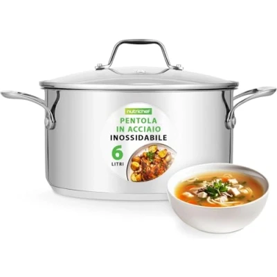 Immagine di NutriChef Pentola in Acciaio Inox da 6 Litri, Grado Alimentare 18/8, Adatta per Induzione, con Coperchio Trasparente, Lavabile Lavastoviglie, Stufati e Zuppe
