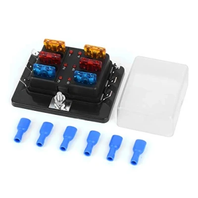 Immagine di Jtron Scatola per fusibili auto, 12 V, 6 scomparti, con standard portafusibili display a LED, copertura di protezione barca, camper, camion