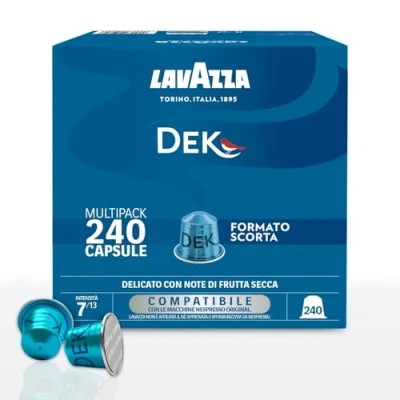 Immagine di Lavazza, Espresso Dek, 240 Capsule di Caffè in Alluminio Compatibili con Macchine Nespresso* Original, Note Frutta Secca e Cioccolato, Arabica Robusta, Intensità 7/13, Tostatura Media, 8 Pack
