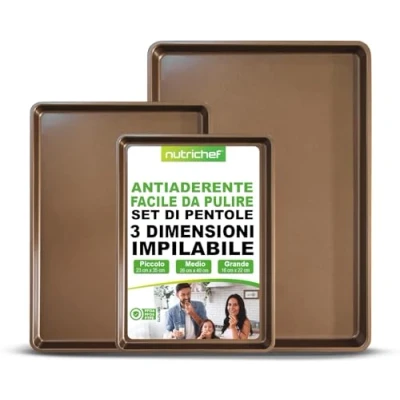 Immagine di NutriChef Set 3 Teglie da Forno Antiaderenti in Acciaio al Carbonio Include Taglie XL, Medie e Piccole Versatili per Cottura Arrostimento, Lavabile Lavastoviglie Oro