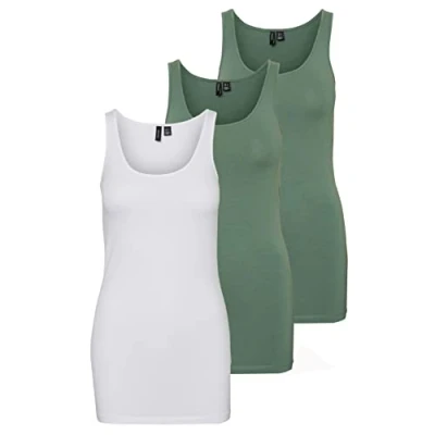 Immagine di VERO MODA Canotta da Donna, Confezione 3 Pezzi Verde/Bianco (2 x Laurel Wreath/1 Bright White). M