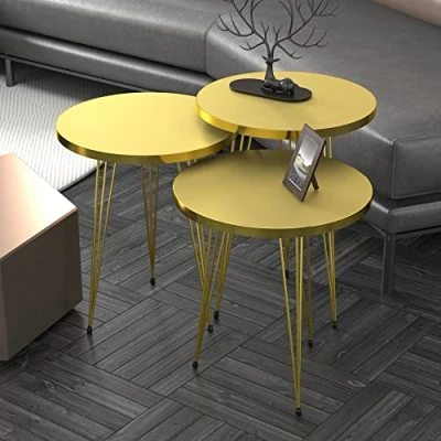 Immagine di [en.casa] Set di 3 Tavolini da Salotto Bassi a Treppiede in Altezze Diverse Gambe Forcina e Piani Rotondi Ø 38 cm color Oro