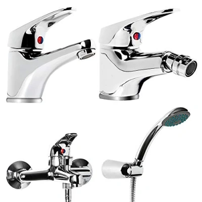 Immagine di Tris Rubinetto Miscelatore Lavabo Bagno + Bidet Esterno Vasca Con Deviatore M Cromato