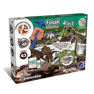 Immagine di Science4You Kit Dinosauri 4 in 1 Fossili da Scavare e Assemblare di Dinosauri: T Rex, Stegosauro, Triceratopo Velociraptor Scheletro Dinosauro Construire, Giocattoli per Bambini +6 Anni