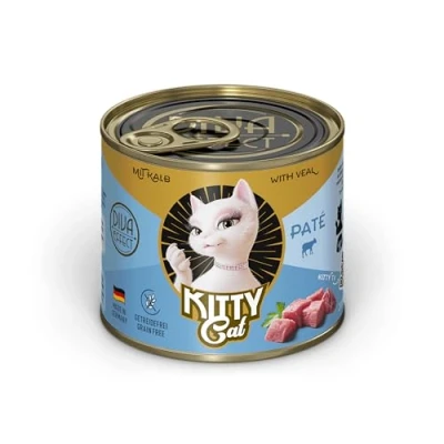 Immagine di KITTY Cat Paté Vitello, 6 x 200 g, Cibo umido per gatti, senza cereali con taurina, olio di salmone e cozze labbra verdi, mangime completo ad alto contenuto carne, Made in Germany