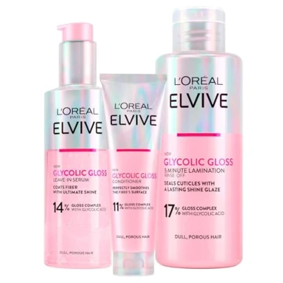 Immagine di L&#039;Oréal Paris Elvive Glycolic Gloss Trattamento Laminazione 5 minuti da 200ml + Siero Senza Risciacquo 150ml Balsamo Set Capelli Spenti Porosi Lucentezza Intensa e Duratura 3 Flaconi