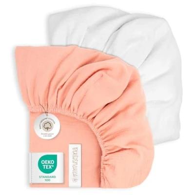 Immagine di Mimuselina Lenzuola Culla Neonato 70x140 Set da 2 Lettino 100% Cotone Mussola Morbida e Traspirante Made in Spain [Rosa + Bianco]