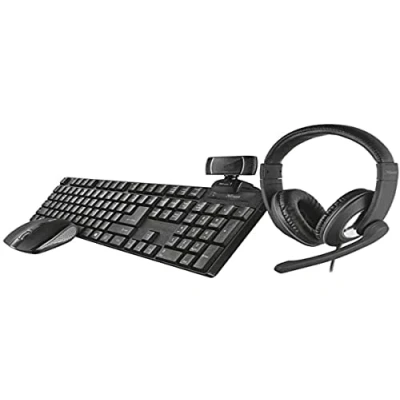 Immagine di Trust Set 4 in 1 Home Office Qoby, Tastiera Wireless Layout Italiano QWERTY, Mouse Wireless, Webcam HD, Cuffie Over Ear, Completo per Smart Working, PC/MacBook/Laptop/Chromebook/Computer