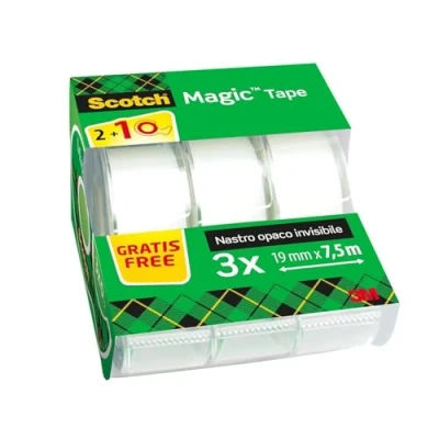 Immagine di Scotch Nastro adesivo Magic 3 Rotoli da 19 mm x 7,5 m su Dispenser portatile Trasparente Opaco e Scrivibile Ottimo per Casa, Ufficio Scuolati