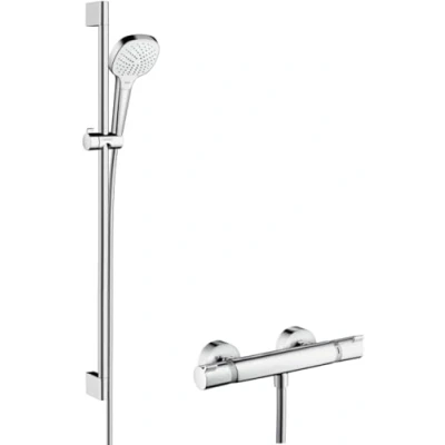 Immagine di hansgrohe Croma Select e Set Doccia con Miscelatore Termostatico Ecostat Comfort, Doccetta Asta 90Cm, Supporto Doccia, Flessibile 1,60M, Soffione 3 Getti, Bianco/Cromo