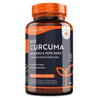 Immagine di Curcuma Bio con Piperina e Zenzero 1440 mg 180 Capsule Vegane (3 Mesi) in Polvere ad Alto Dosaggio Curcumina Attiva Integratore di Turmeric Prodotto nel Regno Unito da Nutravita
