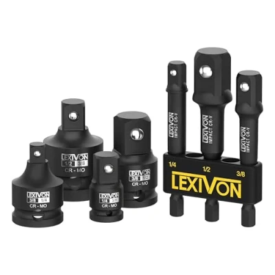 Immagine di LEXIVON Kit combinato di adattatori per bussole a percussione, 7 pezzi, riduttore e set estensioni, conversione avvitatore percussione da 1/4&quot; 3/8&quot; 1/2&quot;, protezione attiva dalla ruggine grazie al