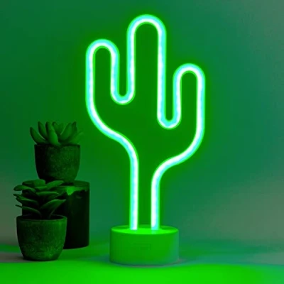 Immagine di Legami Lampada Led Effetto Neon, It&#039;s a Sign, H 23 cm, Tema Cactus, Doppia Alimentazione, Cavo USB (Incluso) o Batterie (non Incluse), da tavolo, Luce Multicolore