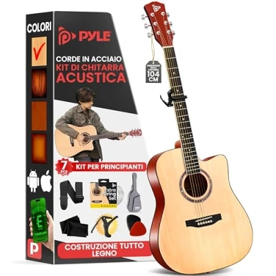 Immagine di Pyle Chitarra Acustica a Spalla Mancante 1,04 m per Principianti, Finitura Opaca Naturale Stile Dreadnought 6 Corde, Formato Standard con Custodia Protettiva, Accordatore, Corde in Acciaio, Plettri