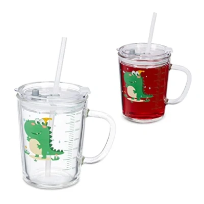 Immagine di Relaxdays Set da 2 Tazze per Bambini, Vetro, Silicone, ABS, con Cannuccia Manico e Tappo, 400 ml, Dinosauro, Trasparente