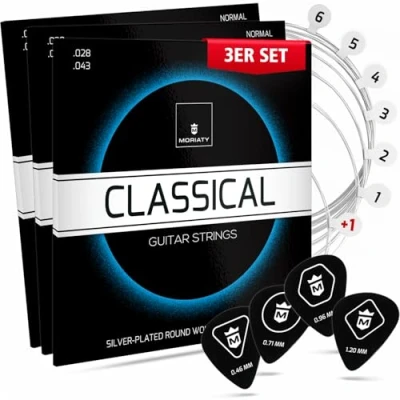 Immagine di MORIATY® corde per chitarra da concerto, classica in nylon e argento, acustica (set 7 corde, incluse: 4 plettri + elettriche extra alte 3)