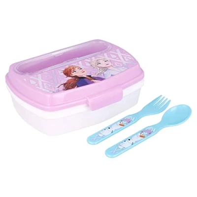 Immagine di Sandwich box plastica bimbi Disney Frozen con posate, senza BPA, lavabile e riutilizzabile chiusura di sicurezza