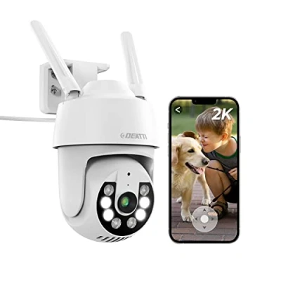 Immagine di Telecamera Wi Fi Esterno Senza Fili, DEATTI 2K IP Sorveglianza Esterno, Audio Bidirezionale, Sensore di Movimento, Visione Notturna, IP66, supporto scheda SD da 128 G (no compreso)