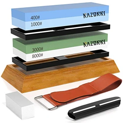 Immagine di Razorri Solido S2 set di Pietre da affilare con base ergonomica in bambù abrasive double face grana 400/1000, 3000/8000, strisce pelle, guida angolare (Piatta Base)