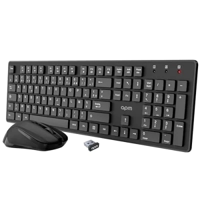 Immagine di APM 100042 Set tastiera mouse wireless Azerty e ottico, tecnologia 2,4 GHz, funzionamento ultra veloce, scorciatoie, da ufficio, colore nero