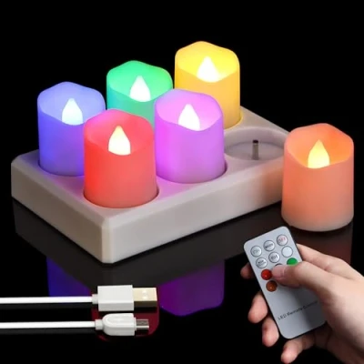 Immagine di FREEPOWER 6 lumini LED ricaricabili colorate con stazione di ricarica, candele elettriche RGB tremolanti telecomando timer dimmerabili, cavo USB, Ø 4 x 4,5 cm