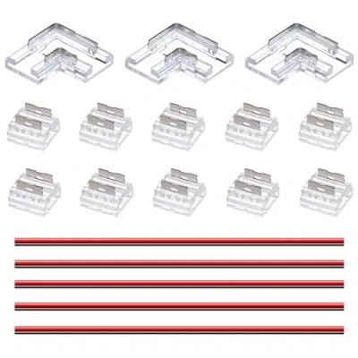 Immagine di GOMING 2 pin 8 mm LED Striscia COB Connettore Kit 10 Connettori Trasparenti Senza Interruzioni 3 a Forma di L/angoli 5 Cavi Prolunga da 15 cm(Confezione 18)