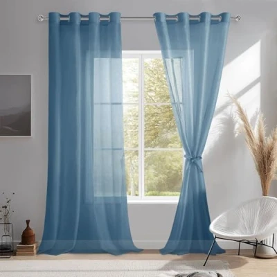 Immagine di DWCN Sheer Tenda in voile trasparente con occhielli, 2 pezzi, per soggiorno, camera da letto, blu scuro, 240 x 140 cm (altezza larghezza)