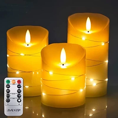 Immagine di DANIP Flameless LED Candle with Built in Fairy Wire, 3 Piece 10 Key Remote Control, 24 Hour Timer Function, Dancing Flame, Real Wax, Battery Powered (Ivory White