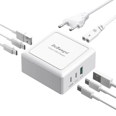 Immagine di caricatore multiplo USB C, 50 W, 6 porte, USB, da scrivania con C e A, connettore rapido per iPhone 15, 14, 13, 12, 11, Pixel, Samsung Galaxy, cellulare