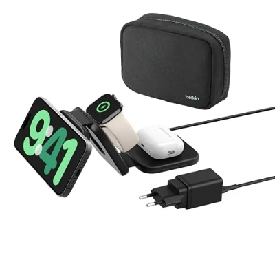Immagine di Belkin BoostCharge Pro Caricabatteria wireless pieghevole da viaggio 3 in 1 con Qi2 15 W, tappetino di ricarica MagSafe, caricatore portatile per iPhone 16/15/14, Apple Watch e AirPods