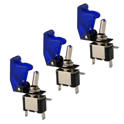 Immagine di CESFONJER 3 X LED Blu Interruttore a levetta, Luci ON/OFF Switch, Cover Levetta Unipolare in Metallo 12V 20A Luce
