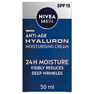 Immagine di NIVEA MEN Anti Age Hyaluron SPF15 Crema Idratante (50ml), Viso Antirughe con Acido Ialuronico e Pro Retinolo, Riduce visibilmente le Rughe Profonde Rassoda la Pelle