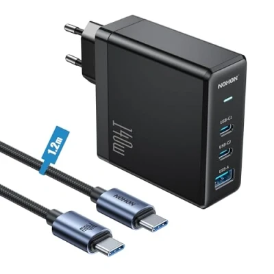Immagine di NOHON Caricatore USB C Rapido Caricabatterie: 140W PD 3.0 GaN Alimentatore con Cavo Tipo Ricarica 1.2M 3 Porte Compatibile iPhone 12 13 14 15 MacBook iPad Laptop Samsung Galaxy S