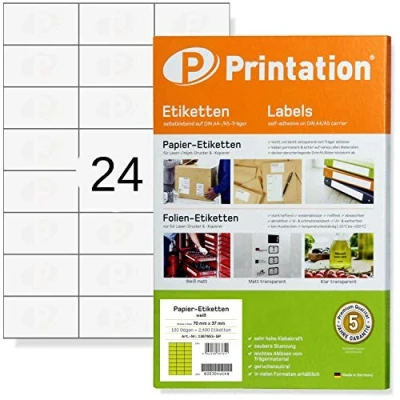 Immagine di Printation Etichette per Indirizzi 70 x 37 mm Lotto di 2400 adesive bianche 70x37 100 Fogli a4 stampa 3x8 24 Foglio, Bianco 3474 4453 4615 1273 FBA