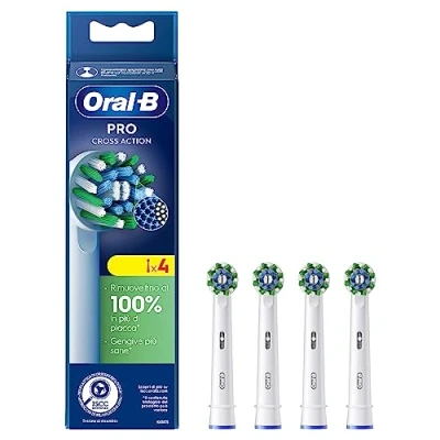 Immagine di Oral B Cross Action Testine Spazzolino Elettrico, Confezione da 4 di Ricambio Bianche, Setole Angolate che si Adattano a ogni Dente per una Pulizia Profonda