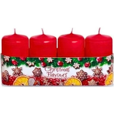 Immagine di Set di 4 candele a pilastro, dell&#039;Avvento, corona colore rosso fragranza cannella, pan zenzero e biscotti Natale, contenuto della confezione: