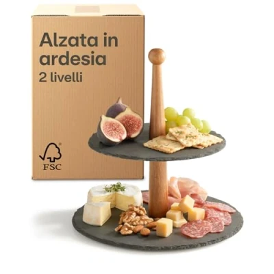 Immagine di Alzata per Antipasti in Ardesia e Legno di Acacia 𝗙𝗦𝗖® a 2 Livelli Etagere Dolci, Frutta Bruschette Perfetta Natale, Feste, Buffet Centrotavola