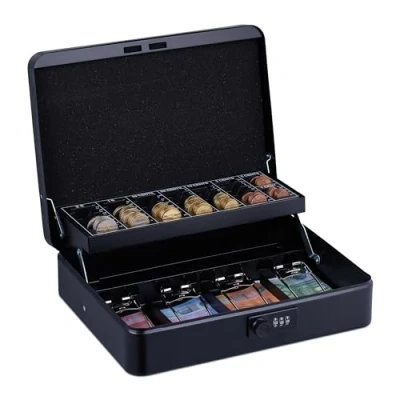 Immagine di Relaxdays Cassetta con Combinazione Numerica a 3 Cifre, per Banconote, Scomparto Monete, 8,5x30,5x25 cm, Nero