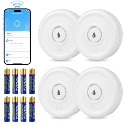 Immagine di Rilevatore Perdite Acqua WiFi 4 Pezzi Sensore con Batteria 100dB Perdita Kit per Sistema di Allarme e Domotica Casa Intelligente, Cucina, Bagno, Seminterrato